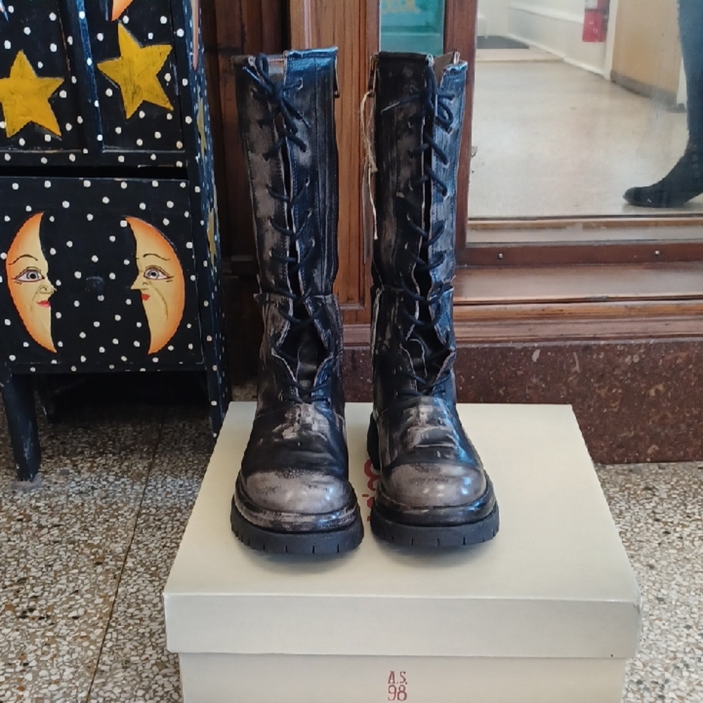 A.S.98 Distressed Black Leather Combat Boots